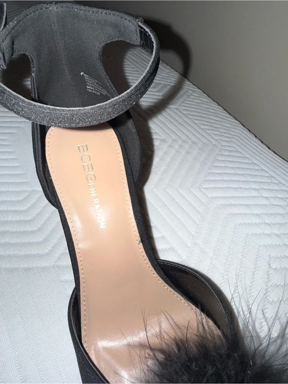 BCBGeneration Black Pom-Pom Ankle-Strap Pointed-Toe Heels
